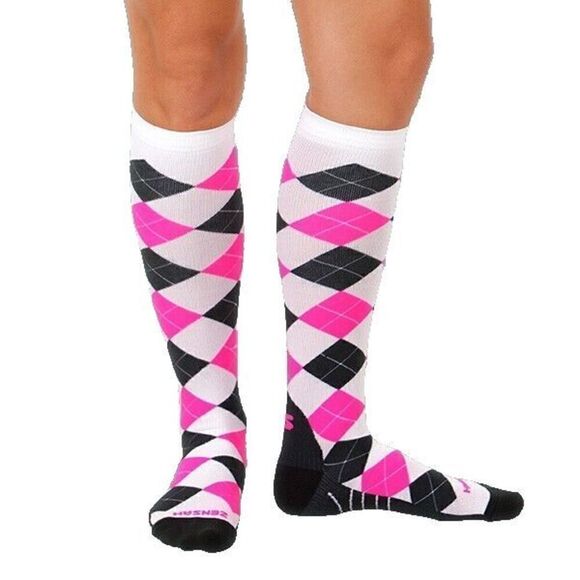 Compression Socks Zensah Unisex Pink White Grey Argyle Size large - Picture 1 of 2